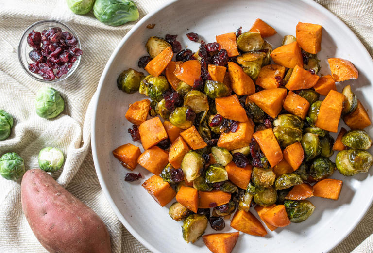 Roasted Sweet Potatoes, Brussel Sprouts, And Cranberries