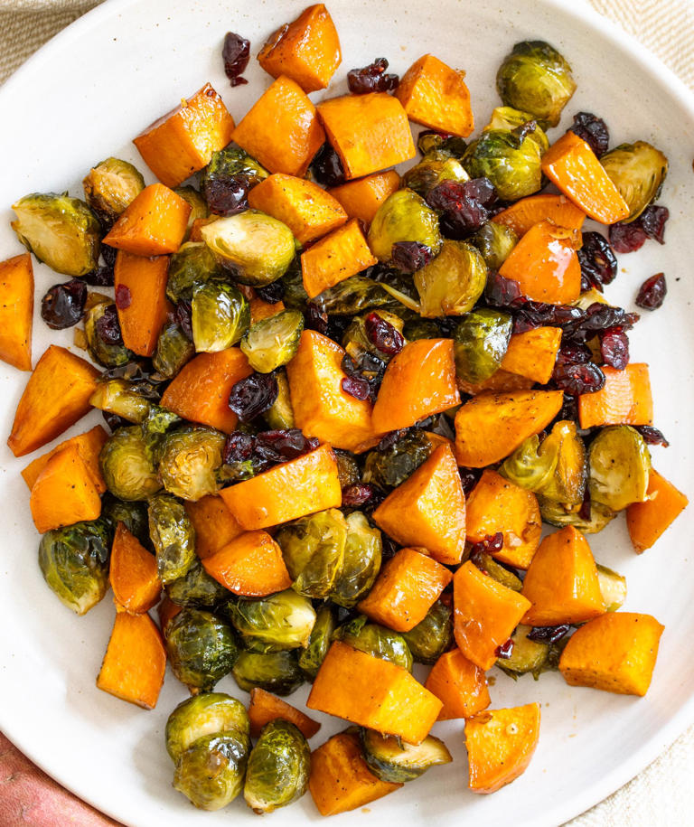 Roasted Sweet Potatoes, Brussel Sprouts, And Cranberries