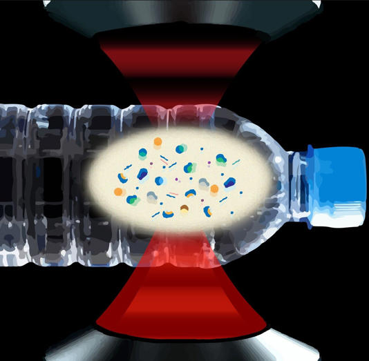 Using lasers, scientists have imaged hundreds of thousands of previously invisible tiny plastic particles in bottled water. Credit: Naixin Qian, Columbia University