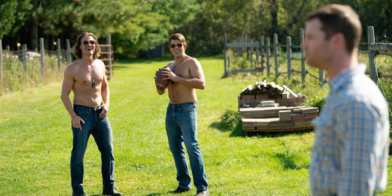 Dylan Playfair and Andrew Herr as Reilly and Jonesy playing football in Letterkenny season 12