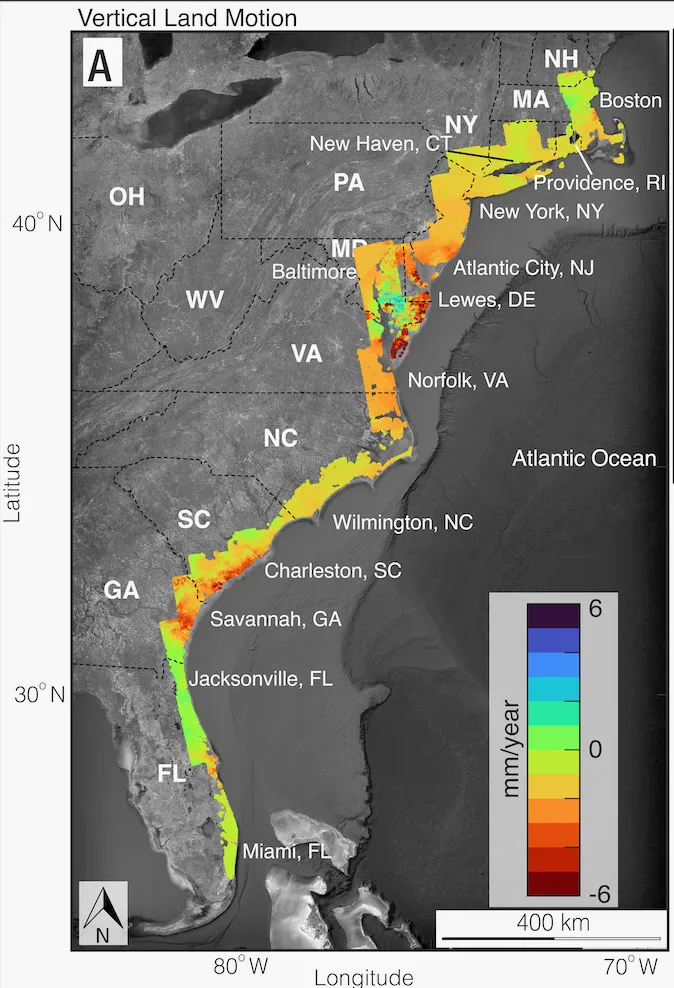 Map shows vertical land motion along the East Coast