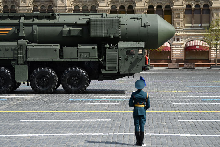 A Russian Yars intercontinental ballistic missile launcher parades through Red Square during the Victory Day military parade in central Moscow on May 9, 2022. A Russian nuclear deterrent command center in Moscow has reportedly been imperiled by power outages.