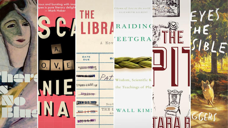 A composite of six books recommended by Toronto Public Library as part of its 2024 reading challenge: There is No Blue by Martha Baillie (memoir by a Canadian author), Escapes by Daniel Tunnard (book about playing games), The Librarianist by Patrick deWitt (book set in a library), Braiding Sweetgrass by Robin Wall Kimmerer (a nonfiction book by an Indigenous author), The Pit by Tara Borin (book set in the Canadian territories), and The Eyes and the Impossible by Dave Eggers (book from an animal's perspective).