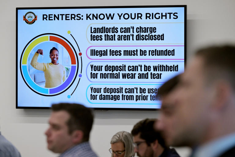 A slide describing renters rights is shown as Colorado Attorney General Phil Weiser hosted a press conference with Boulder District Attorney Michael Dougherty at the Colorado Bar Association in Denver on Tuesday morning, Jan. 9, 2024. Weiser announced a settlement agreement with Boulder-based Four Star Realty to pay about $1 million to the state after illegally billing tenants for standard apartment services like repairs.