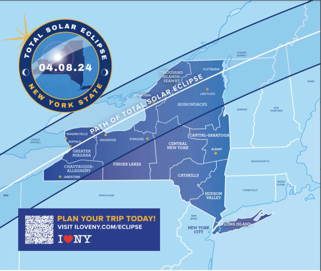 I Love NY released a map depicting the solar eclipse's projected path through the state. The path of totality will begin in western New York and end in the northern part of the state. 