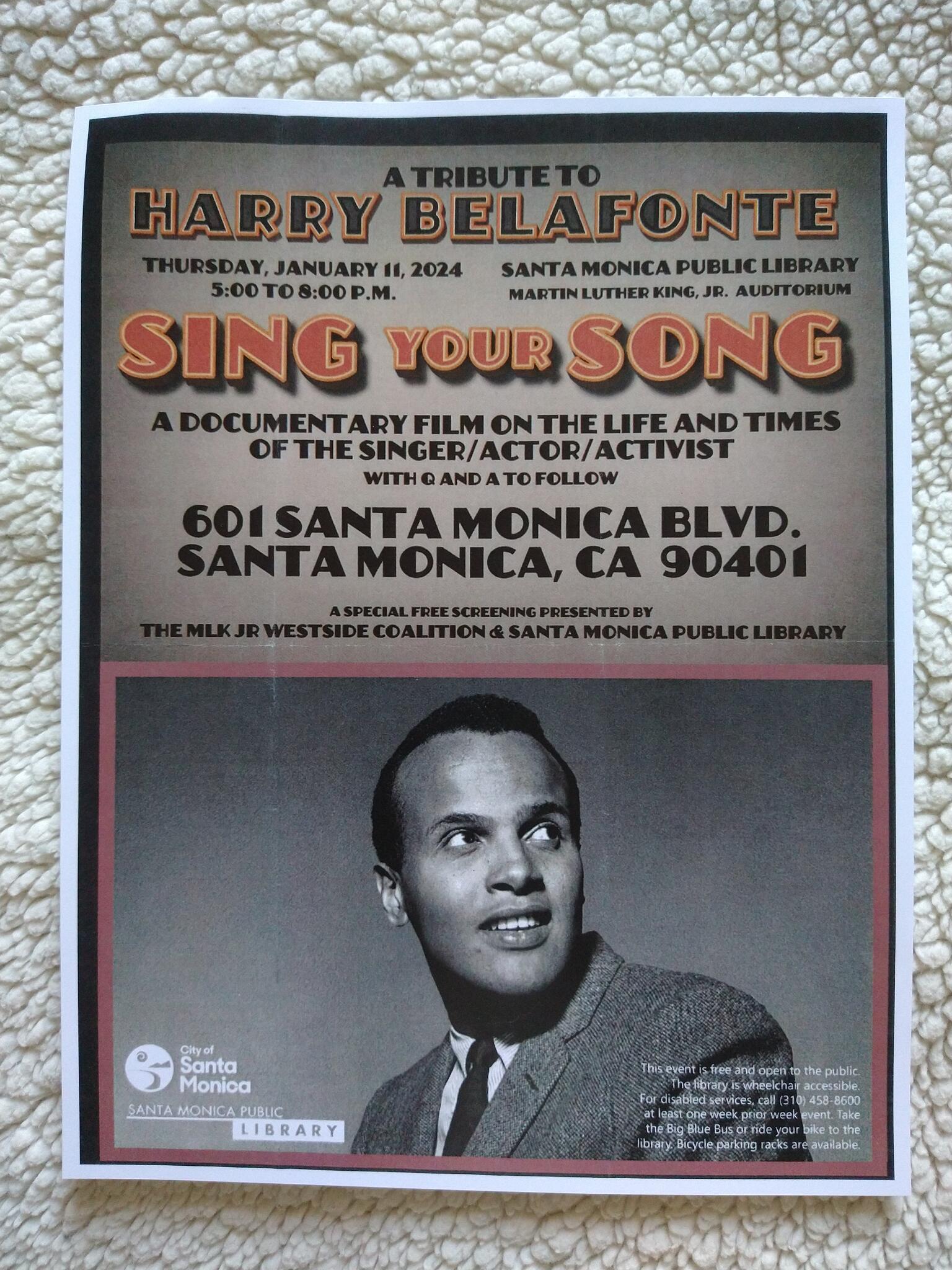 Harry Belafonte Documentary Screening, Thursday, January 11 - Sunset ...