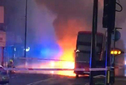 The bus burst into flames on a busy street (Picture: Facebook)