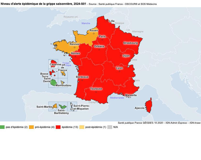 CARTE grippe 2024 quelles sont les régions où l'épidémie flambe