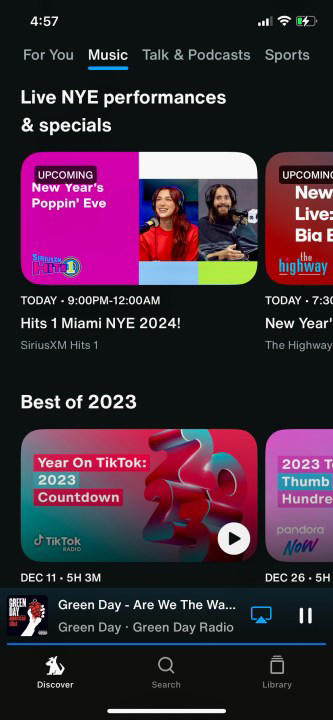 SiriusXM iOS アプリのライブラリ画面。