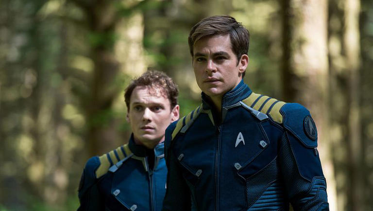 Anton Yelchin, left, plays Chekov and Chris Pine plays Kirk in “Star Trek Beyond.”