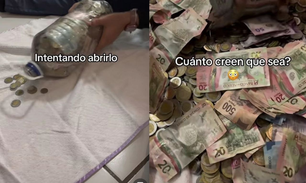 pareja ahorra sus monedas en garrafón de 10 litros durante un año y juntan miles de pesos