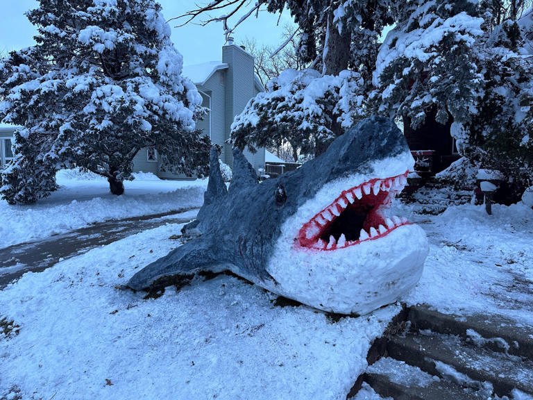 Iowa City artist sculpts 20-foot shark out of snow