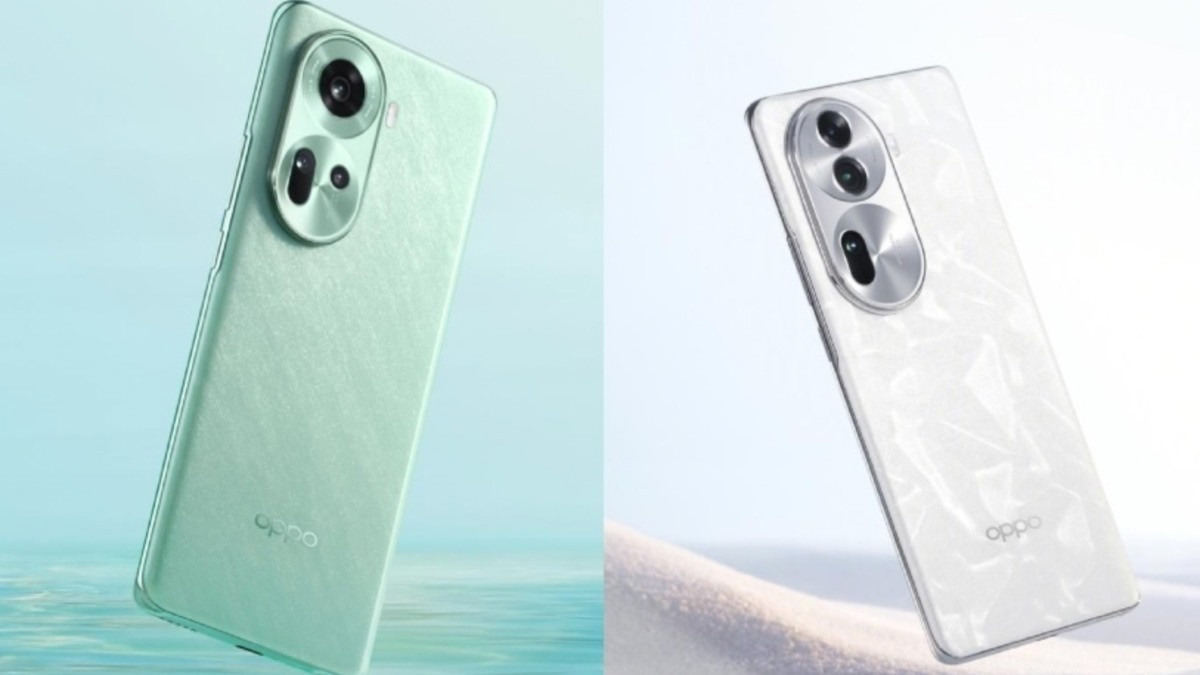  Two images of the Oppo Reno11 Pro 5G smartphone, one in green and one in white.