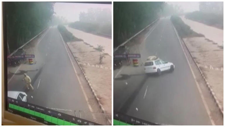 Caught on CCTV: Punjab cop hit by speeding car at checkpost, flung in air