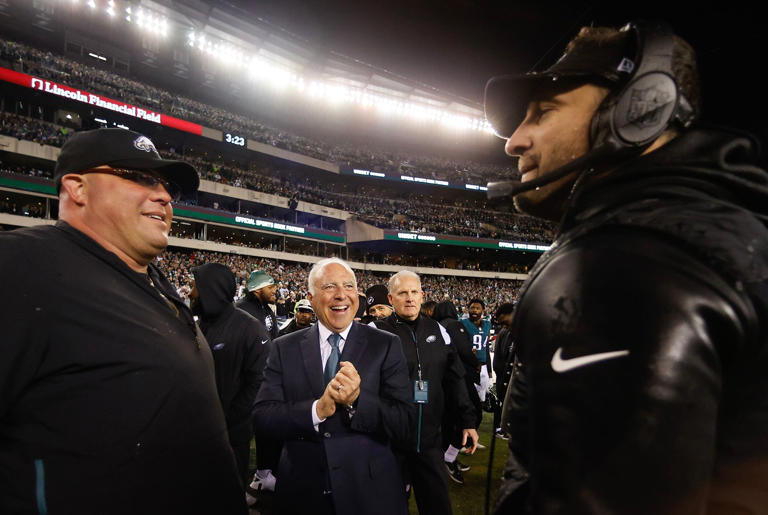 Eagles Chairman and Chief Executive Officer Jeffrey Lurie claps with Eagles Head Coach Nick Sirianni and Senior Advisor to the General Manager/Chief Security Officer Dom DiSandro during the NFC Championship game against the San Francisco 49ers at Lincoln Financial Field on Sunday, January 29, 2023 in Philadelphia.