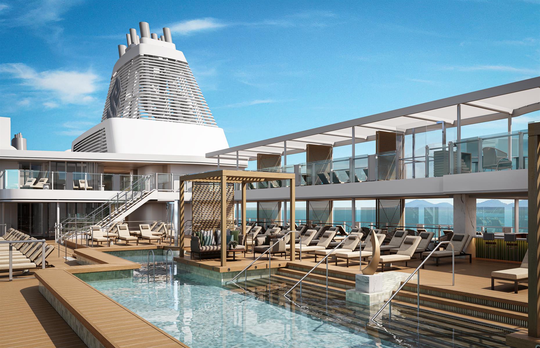 <p>Public areas will include the pool deck, Dusk Bar and Arts Cafe, and further details about onboard amenities will be released prior to her first sailing in June 2024. She'll spend her first few months sailing around the Mediterranean, offering itineraries which take in Athens, Venice and Rome.</p>