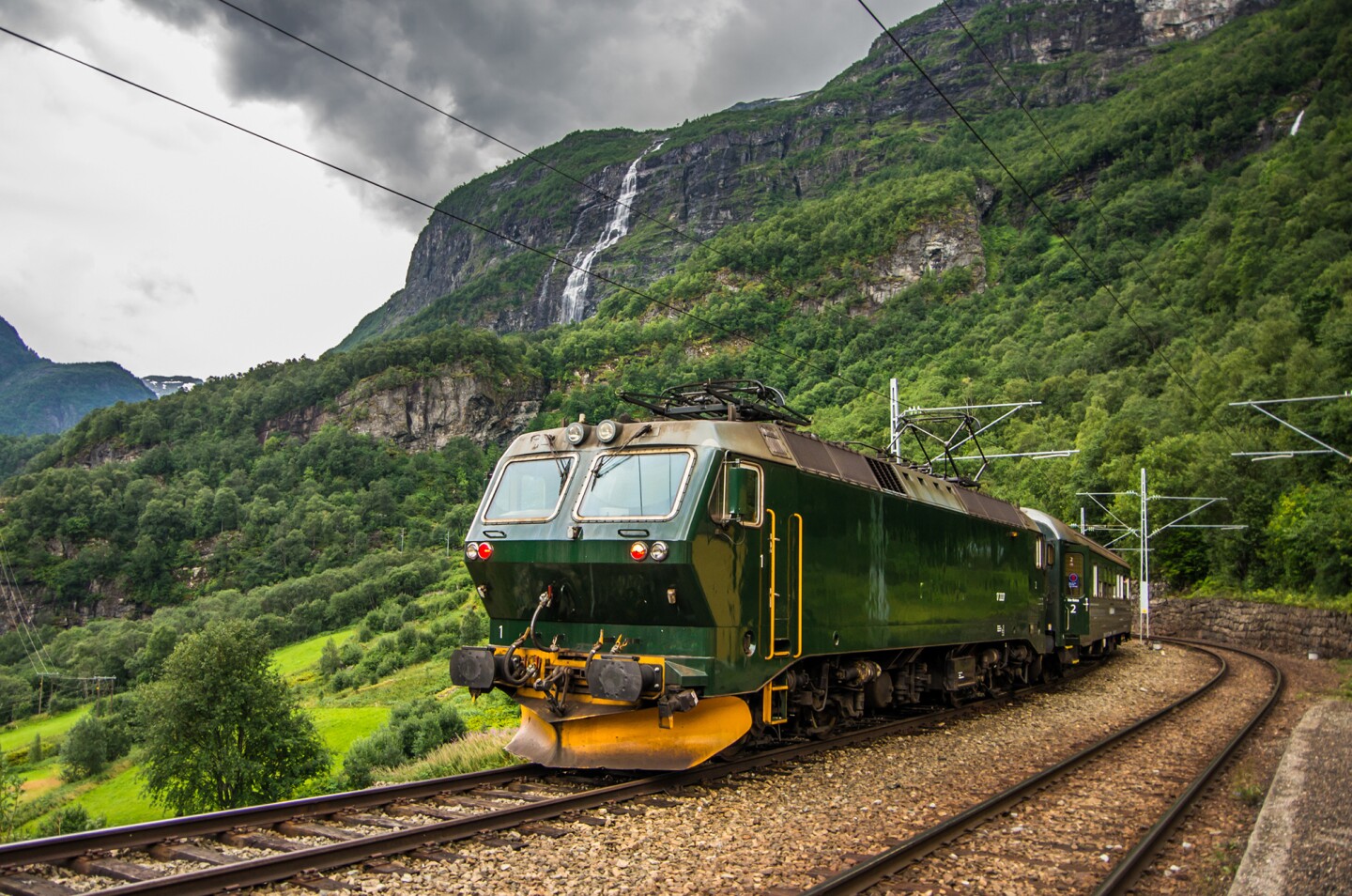 <h2>7. Flåmsbana, Norway</h2> <p>Do you know any other trains that make a special stop so passengers can get close to a huge, roaring waterfall? Kjosfossen waterfall is just one of the highlights of the Flåm railway line, which takes you from one of Norway’s most picturesque fjords, two meters above sea level, all the way up to the mountain station of Myrdal, at 876 meters above sea level. It’s regularly voted one of the most beautiful train trips in the world, and is certainly one of its most vertiginous, with 80 percent of the journey running on a gradient of 5.5 percent.</p>