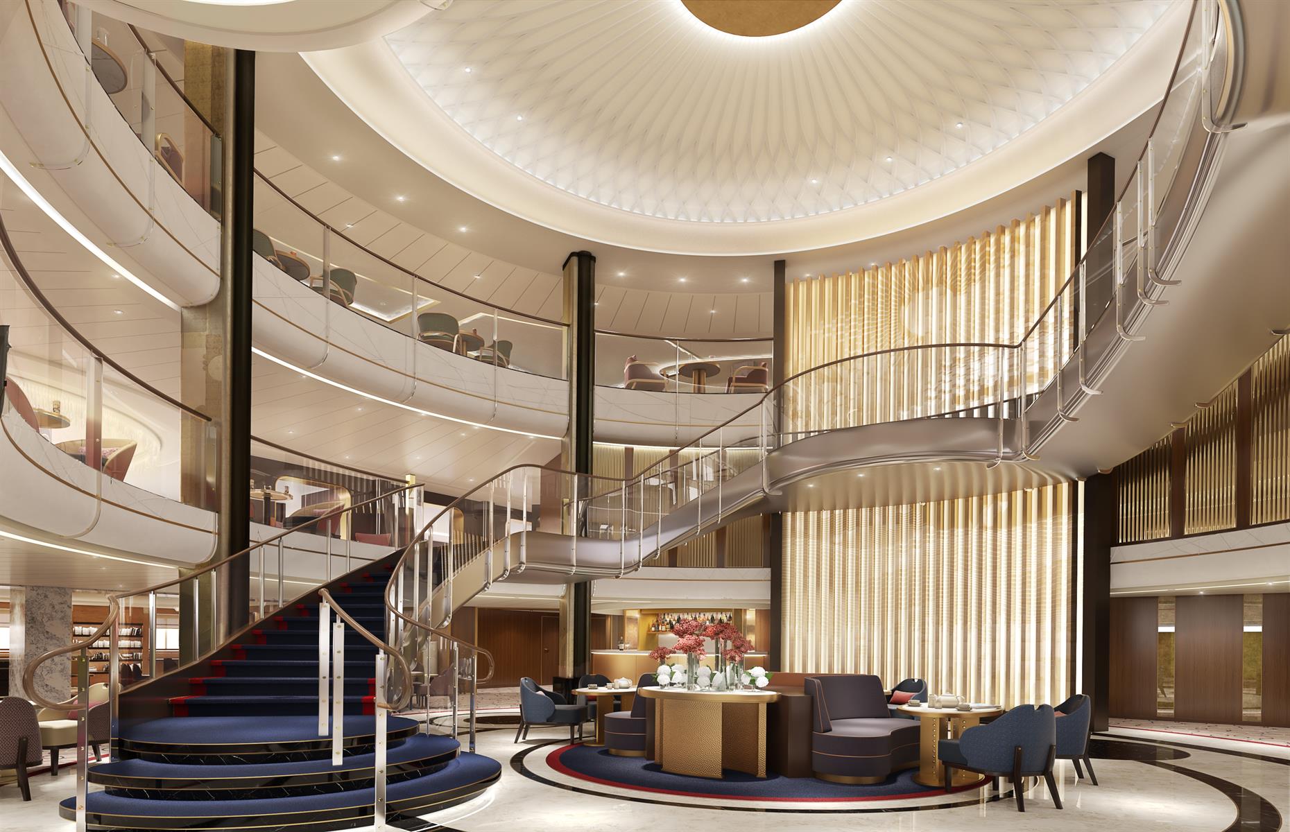 <p>There will be six categories of accommodation and cabins have been designed by Sybille de Margerie, whose portfolio includes Atlantis, The Royal Residences in Dubai. The ship’s <em>piece de resistance </em>will almost certainly be the three-story lobby, closely followed by the ornate 835-seat Royal Court Theater. Another reason to love this ship, which will initially sail the waters of Northern Europe? It will be helmed by Inger Klein Thorhauge – Cunard’s first female captain.</p>