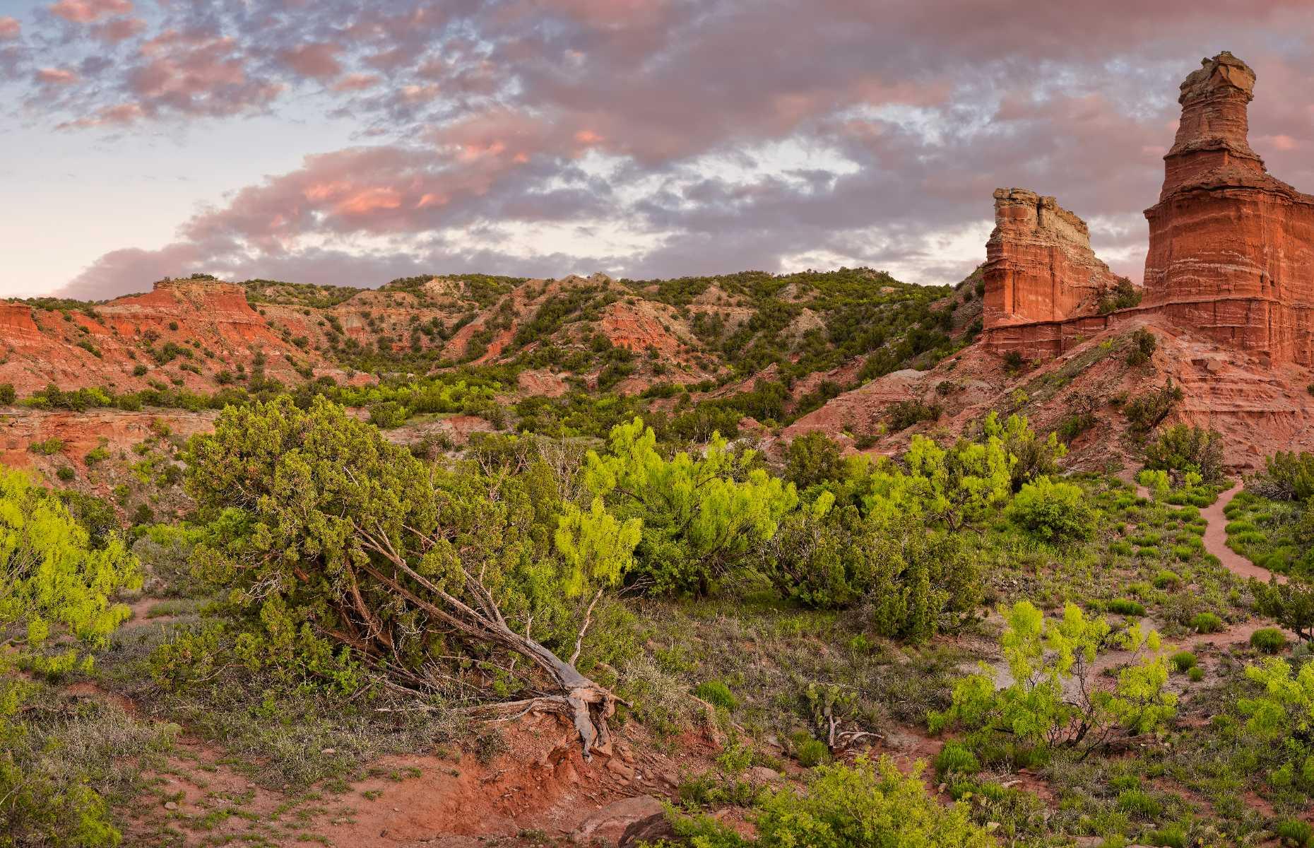 <p>Nicknamed ‘The Grand Canyon of Texas,’ Palo Duro is located in the state’s north. The landscape is full of drama – from striated canyon walls in earthy shades of red, purple and brown, to flora that entices with color, while simultaneously issuing spiky warnings to curious fingers. Activities include horseback riding, zip lining, camping and biking – plus, of course, keeping your eyes peeled for roadrunners and rattlesnakes. A six-mile trail takes you to Lighthouse Rock, an impressive red rock monolith standing at 310 feet.</p>