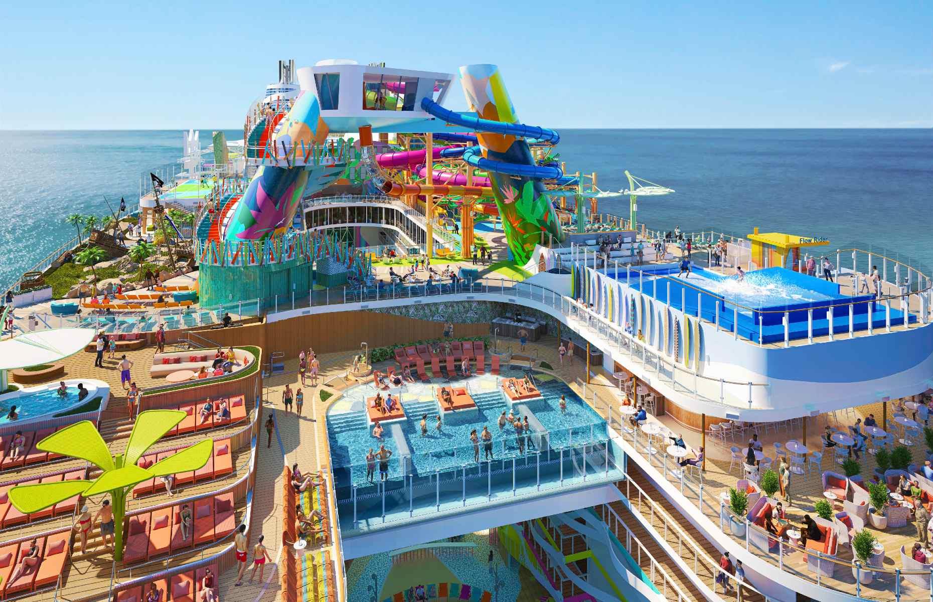<p>Never one to do things by halves, Royal Caribbean has created the world's largest cruise ship – at a whopping 1,198 feet (365m), with space for 7,600 passengers on board. Icon of the Seas, the first of the line's Icon-class ships, is due to set sail in January 2024 – and people are excited about it. In fact, when the ship's first sailing went online in October 2022, the cabins sold out in hours. Icon features 20 decks and eight themed neighbourhoods, including Thrill Island, home to the largest waterpark at sea and six record-breaking slides; and Chill Island, which boasts the line's first swim-up bar at sea.</p>