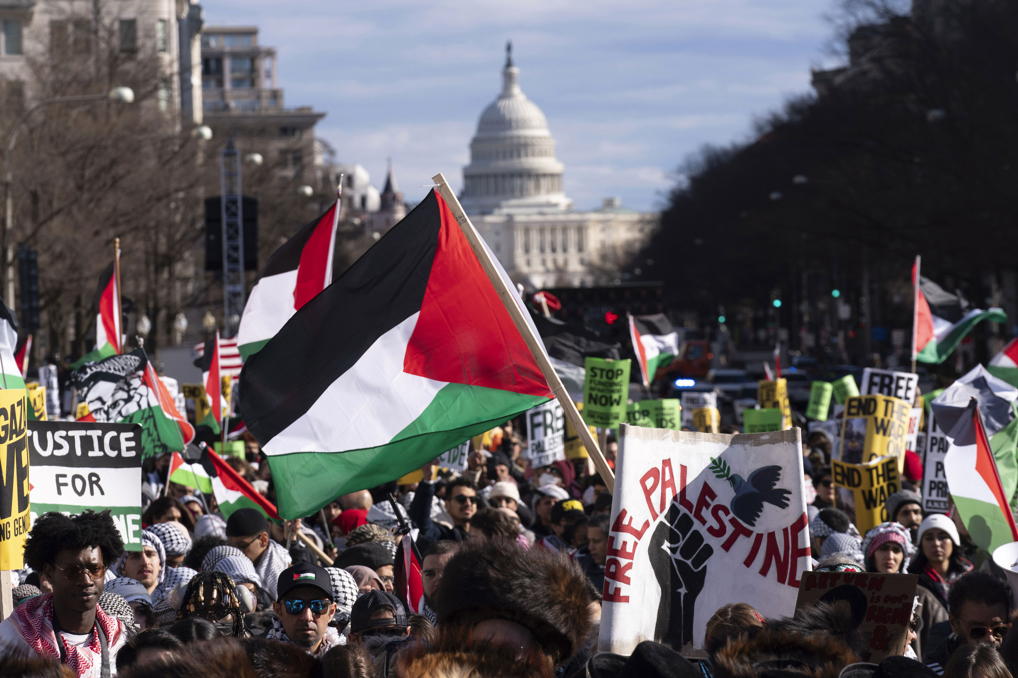 thousands of pro-palestinian demonstrators march in washington, london, and other cities