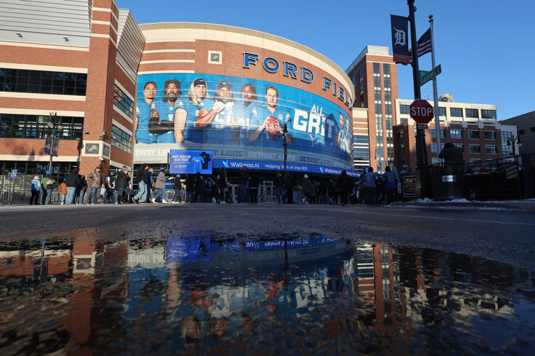 A view outside Ford Field prior to a game between the Los Angeles Rams and Detroit Lions in the NFC wild-card playoffs on Jan. 14, 2024 in Detroit.