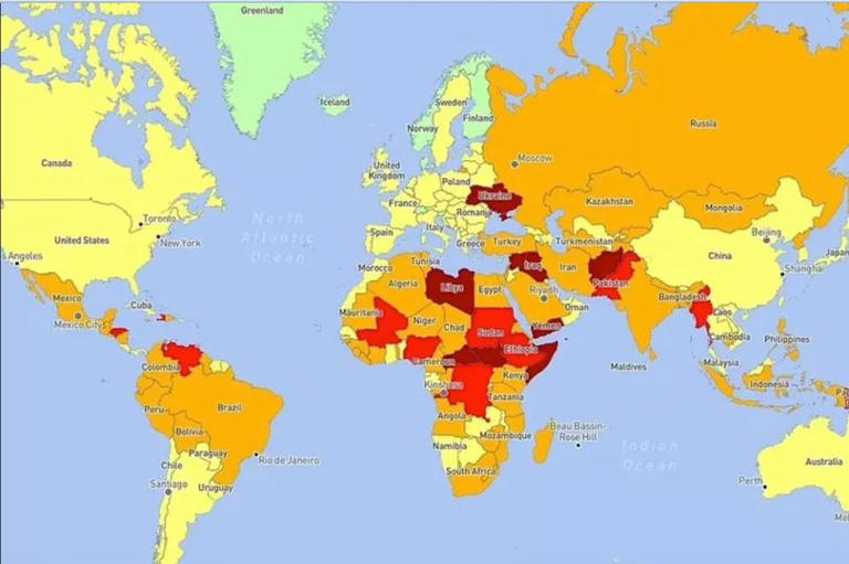 An interactive map shows the most dangerous countries to visit in 2024 - see below
