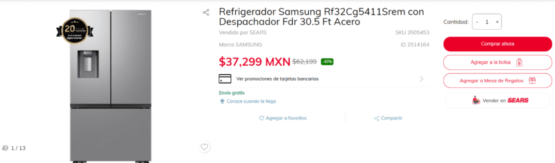 sears tiene precios irrepetibles en refrigeradores samsung y lg con descuentos de casi 20,000 pesos