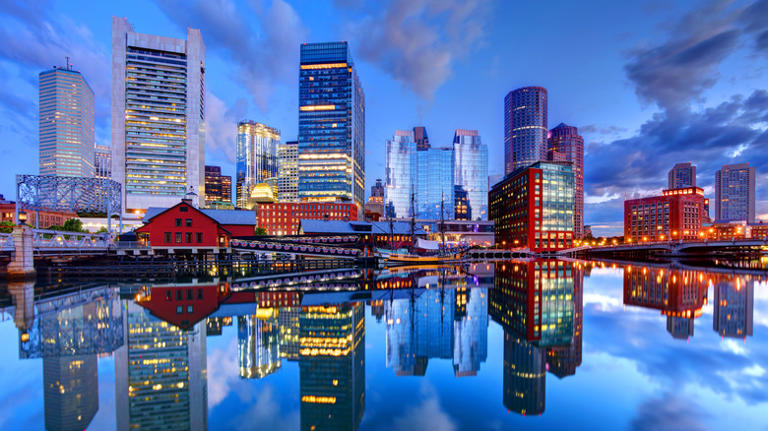 downtown Boston waterfront dusk