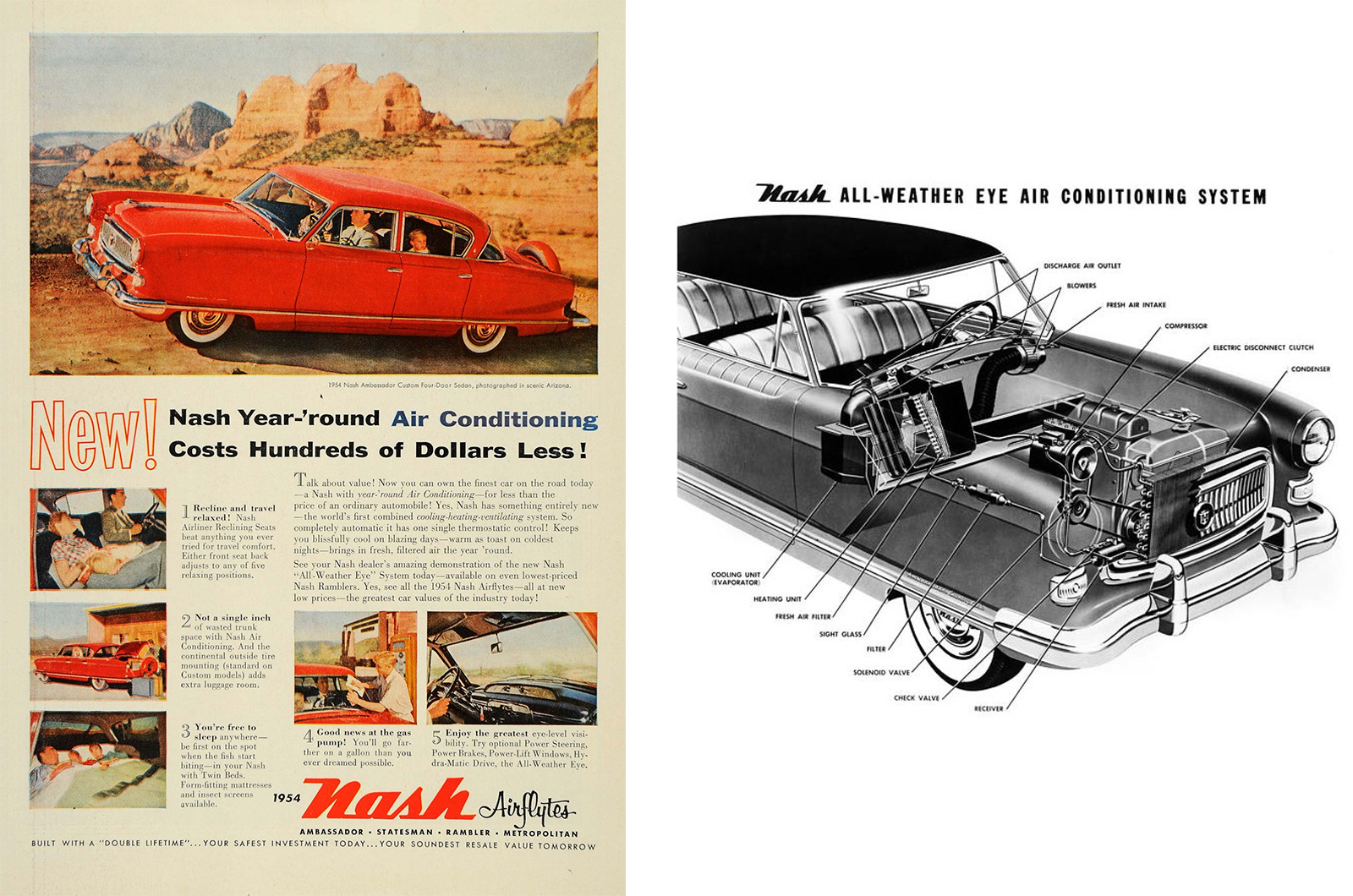 <p>As mentioned, Packard offered air conditioning on its cars in 1940-42, but the system was very costly and grossly inefficient; it also took up the entire boot space. Chrysler’s AirTemp system of 1953 was better, but again was imperfect, while various GM vehicles launched in late 1953 had a large <strong>Frigidaire</strong>-based system using boot-based equipment.</p><p>Nash overcame such hurdles aided by its sister company, refrigerator manufacturer <strong>Kelvinator</strong>. Using that firm's know-how Nash was first to offer an affordable and practical fully integrated <strong>heating, ventilation and air conditioning </strong>(HVAC) system from the 1954 model year, in its Ambassador. The rest of the industry swiftly followed suit with this very important advance.</p><p><strong>GROUNDBREAKER SCORE: </strong>9 – one we can all be grateful for.</p>