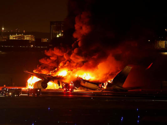 Japan Airlines' A350 airplane is on fire at Haneda international airport in Tokyo, Japan Jan. 2, 2024.