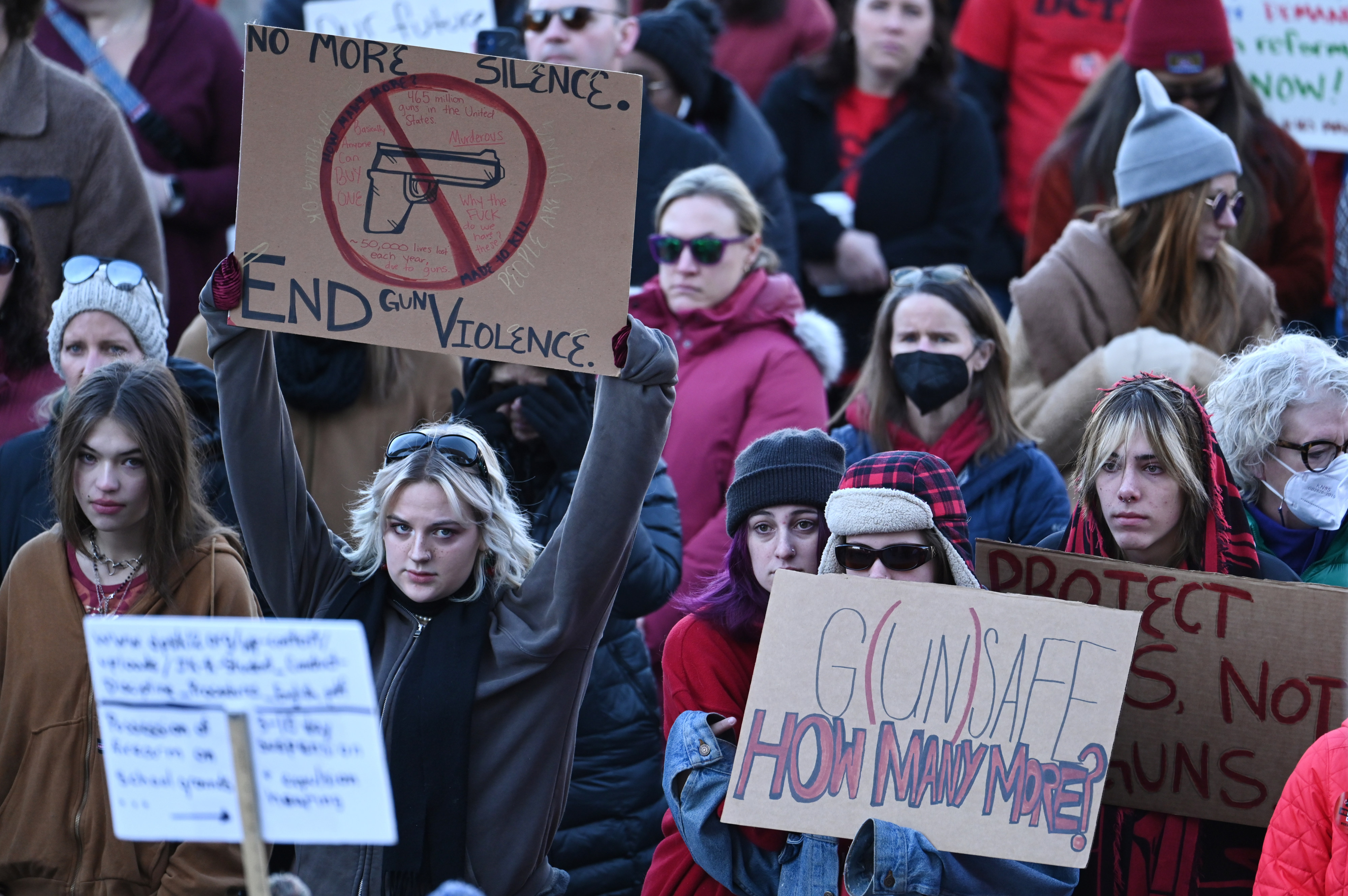 Hundreds of Colorado educators and students demand that elected leaders take action to keep schools safe during a rally at the State Capitol in Denver on Friday, March 24, 2023.