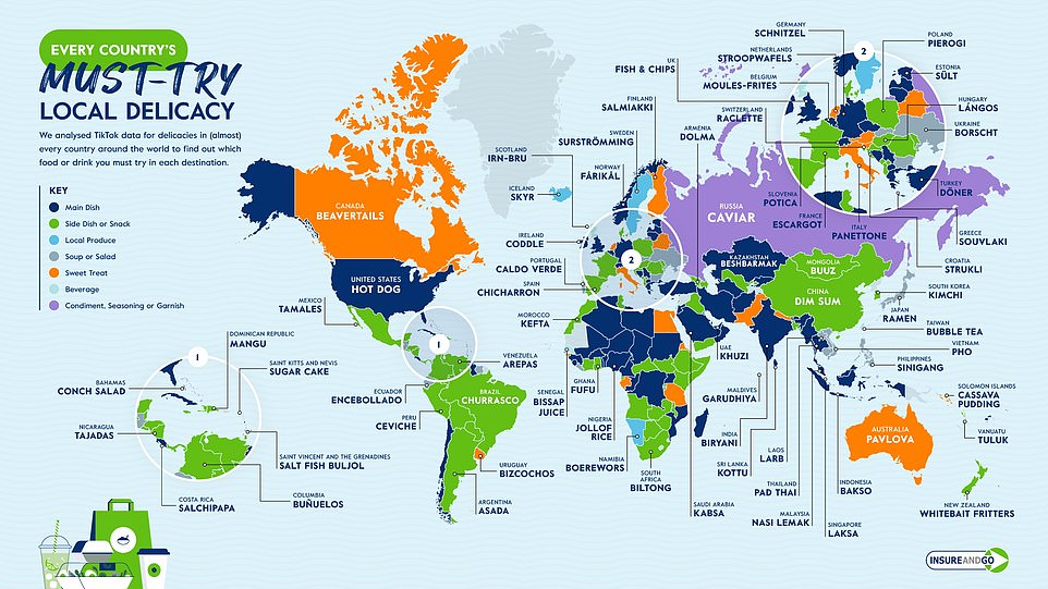 Food is often one of the most exciting parts of going on holiday, especially when it's something you can't find back home. But what are the must-try dishes, snacks and drinks travellers need to tick off? Look no further than this fascinating world map - and accompanying regional maps - which unveil every country's must-try local delicacy.