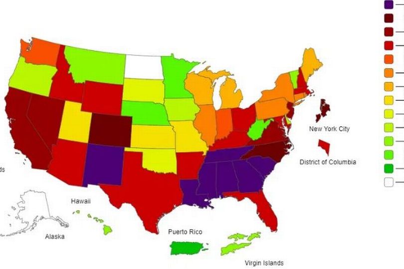 map shows the worst flu rates in each state with cdc reporting high levels of spread