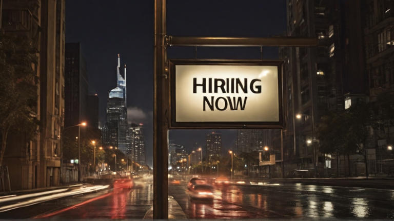 Hiring Now sign at night in city