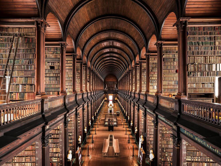 a library with many bookshelves with trinity college library in the background