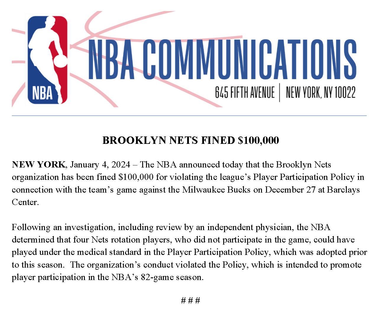 NBA Fines Brooklyn Nets $100,000 For Punting Milwaukee Bucks Game