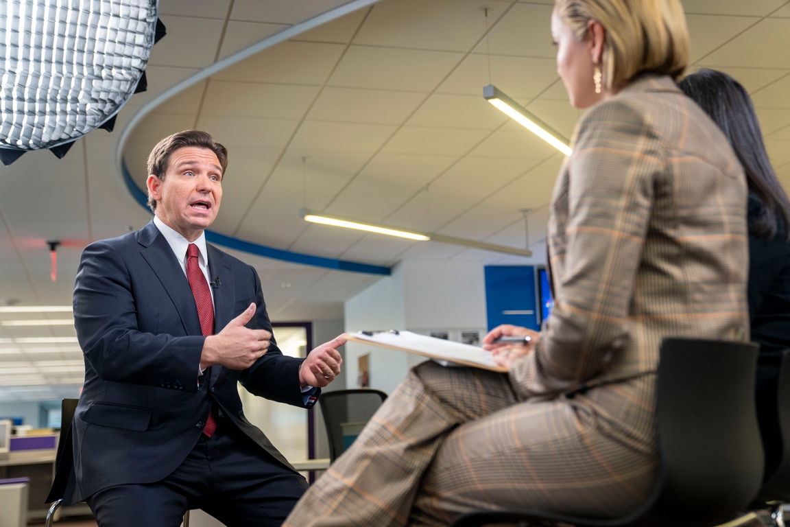 Ron DeSantis sits for an interview ahead of the Iowa Caucuses at The ...