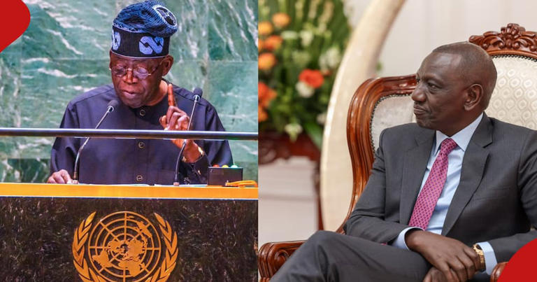 Nigeria's president Asiwaju Bola addressing world leaders at the UNGA (l). Kenya's president William Ruto during a meeting with the UNDP (r). Photo: Asiwaju Bola/William Ruto. Source: Facebook