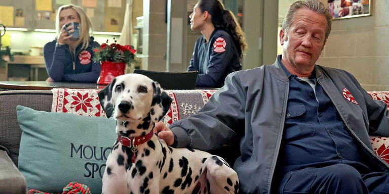 Tuesday the dog with Christian Stolte as Randall 'Mouch' McHolland with Kara Killmer as Sylvie Brett and Hanako Greensmith as Violet Mikami in the background on Chicago Fire