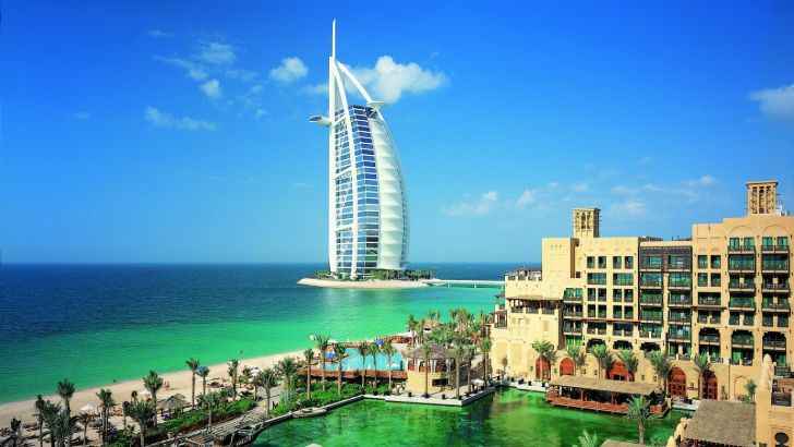 <p>Just to prove how adept Dubai is at creating unforgettable architecture, the majestic Burj Al Arab hotel looks like it’s shooting straight up out of the gorgeous aquamarine waters.</p>
