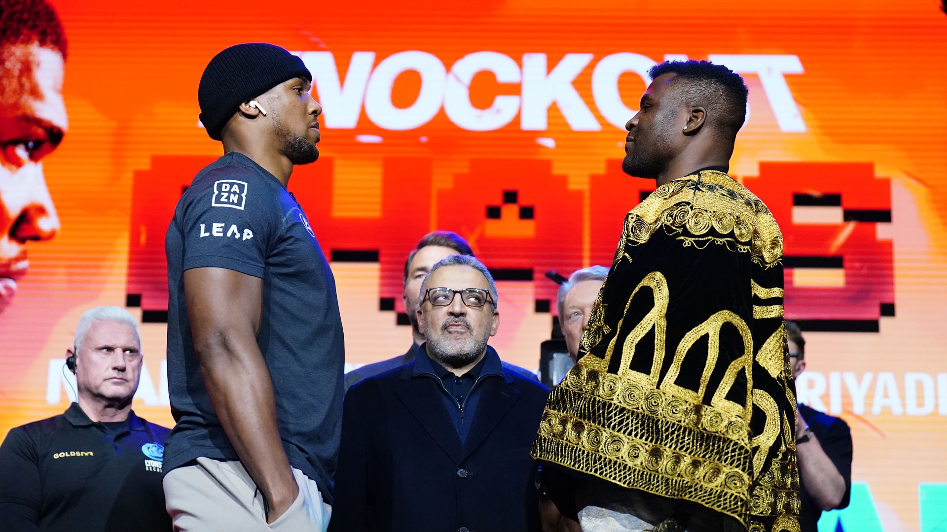 watch anthony joshua and francis ngannou face off for first time