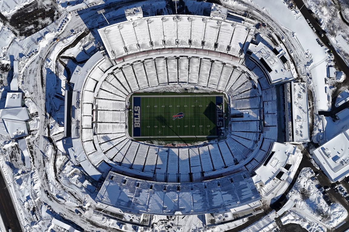 Views from above of Buffalo Bill's snow covered stadium