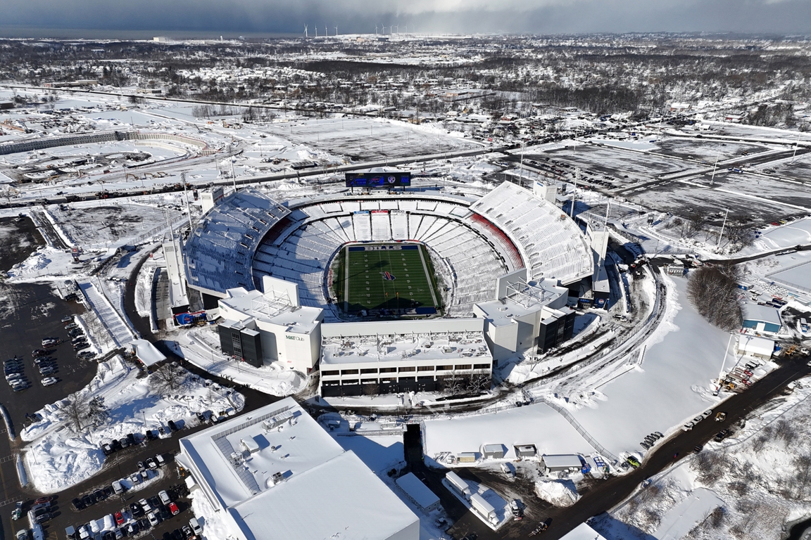 Views from above of Buffalo Bill's snow covered stadium