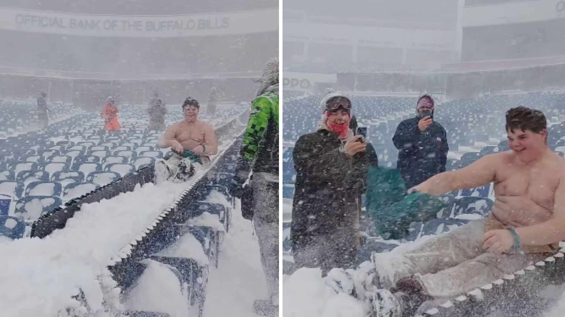 Watch Buffalo Bills Fan Goes Shirtless Slides Down Snowy Bleachers While Shoveling Out 1186