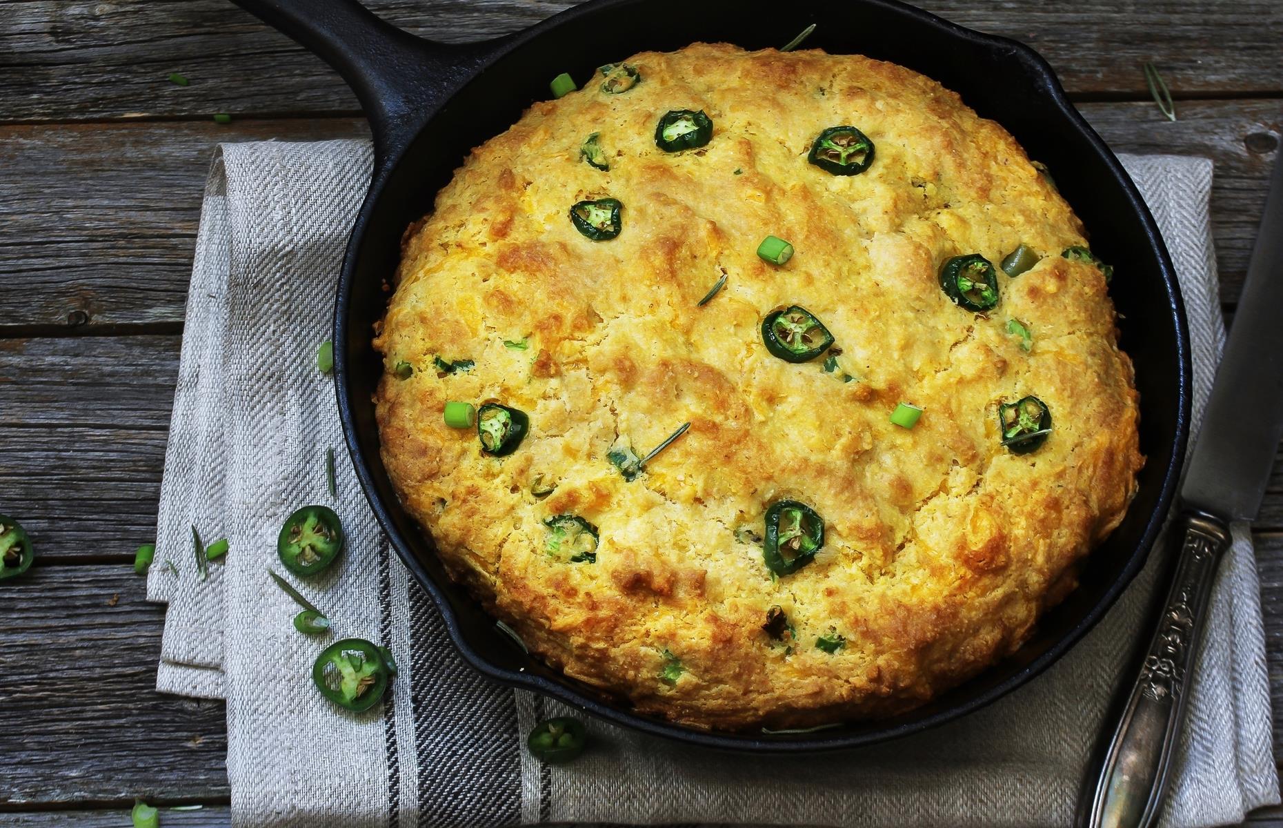 <p>This easy oven-baked cornbread is loaded with cheese and a sweetcorn purée. It also contains quark, a low-fat soft cheese, but you can substitute it with Greek yogurt or crème fraîche if you prefer. The brined jalapeños add a kick of heat and a little smokiness, while the Cheddar provides a rich sharpness for a sensational end result.</p>  <p><a href="https://www.lovefood.com/recipes/57323/cheddar-and-jalapeo-quark-cornbread-recipe"><strong>Get the recipe for Cheddar and jalapeño cornbread here</strong></a></p>