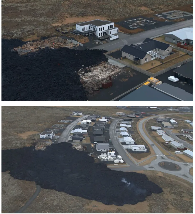 冰島廣播公司RUV報導，火山灰擠進格林達維克鎮的街道，部分道路隆起，幾乎一層樓高的黑灰像黑色火龍盤踞。   圖：翻攝自RUV官網