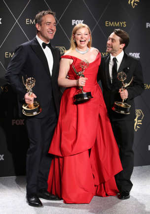 "Succession" castmates celebrate their wins at the 75th Emmy Awards: Matthew Macfadyen (from left), outstanding supporting actor in a drama; Sarah Snook, outstanding actress in a drama, and Kieran Culkin, outstanding actor in a drama.