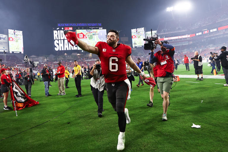 Jan 15, 2024; Tampa, Florida, USA; Tampa Bay Buccaneers quarterback Baker Mayfield (6) reacts after a victory against the Philadelphia Eagles in a 2024 NFC wild card game at Raymond James Stadium. Mandatory Credit: Kim Klement Neitzel-USA TODAY Sports NFL: NFC Wild Card Round-Philadelphia Eagles at Tampa Bay Buccaneers