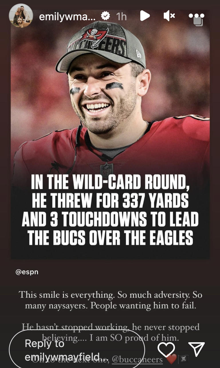 Emily Mayfield gushed over husband Baker Mayfield following the Buccaneers' wild-card win over the Eagles in January 2024.
